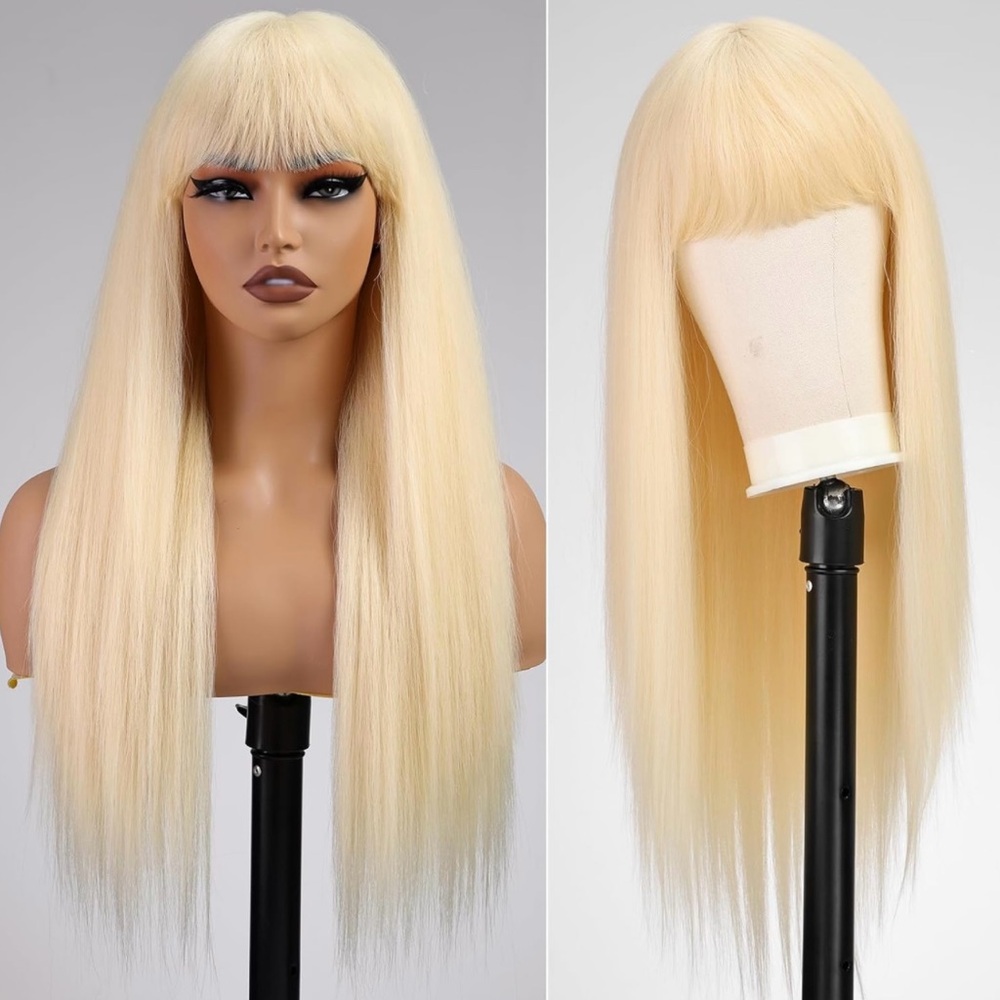 - Human hair blend platinum blonde wig.